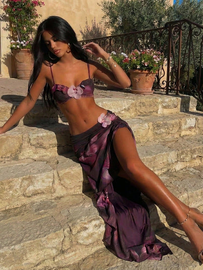 3pcs Women Floral Print Elegant Sexy Backless Tie Knot 3D Flower Skirt Bikini Set, Suitable For Beach & Resort Wear, Spring/Summer Vacation Pink