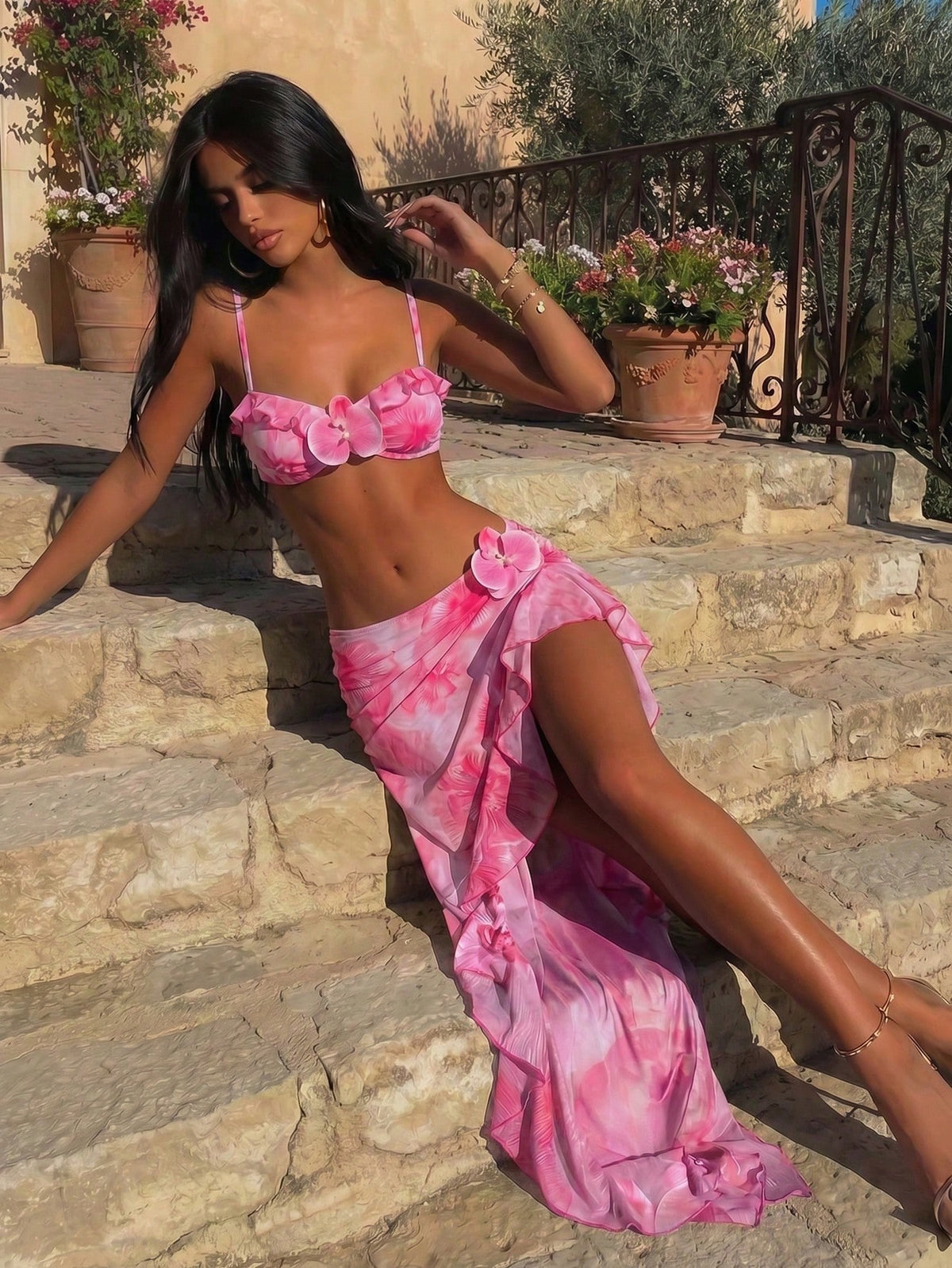 3pcs Women Floral Print Elegant Sexy Backless Tie Knot 3D Flower Skirt Bikini Set, Suitable For Beach & Resort Wear, Spring/Summer Vacation Pink