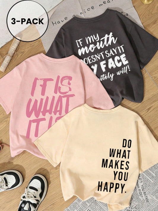 3pcs-Women's New Simple Cute Pattern Casual Vacation Style Loose Versatile Regular Length Knit Fabric Round Neck Short Sleeve T-Shirt, Daily Summer