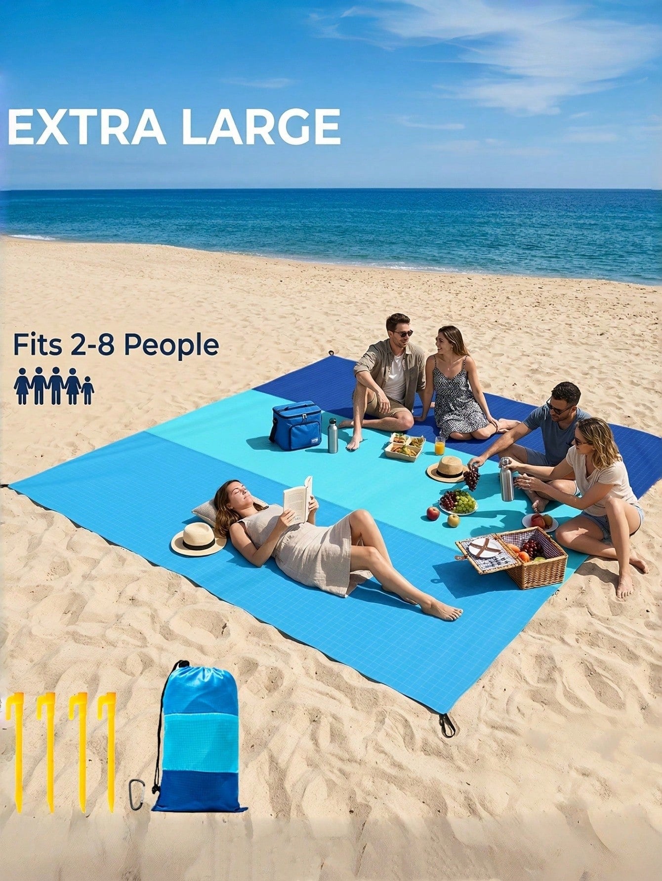 4-7 Person Outdoor Beach Blanket, Waterproof Beach Mat, Extra Large Size, Anti-Sand And Compact, Quick Drying, Essential Beach Accessory For Vacation, Cruise, Picnic And Camping, Comes With Fixing Peg