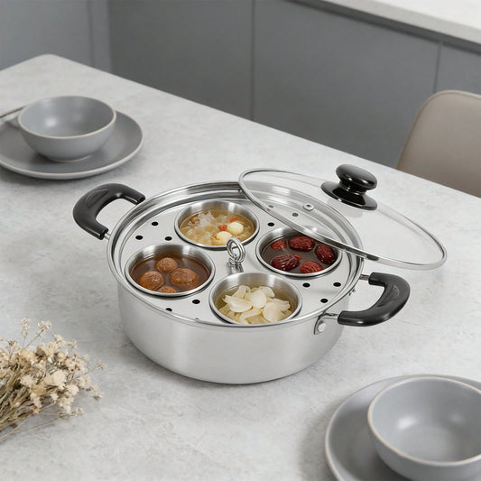 4-Egg Steaming Pot- Stainless Steel, 0.13QT Each Cup, Steamer Tray & Glass Lid, For Gas, Induction, Electric Stove