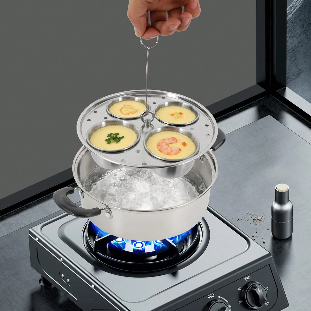 4-Egg Steaming Pot- Stainless Steel, 0.13QT Each Cup, Steamer Tray & Glass Lid, For Gas, Induction, Electric Stove