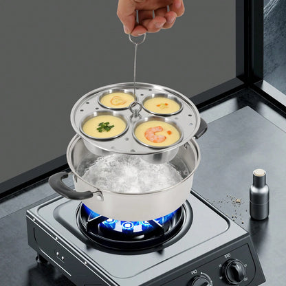 4-Egg Steaming Pot- Stainless Steel, 0.13QT Each Cup, Steamer Tray & Glass Lid, For Gas, Induction, Electric Stove