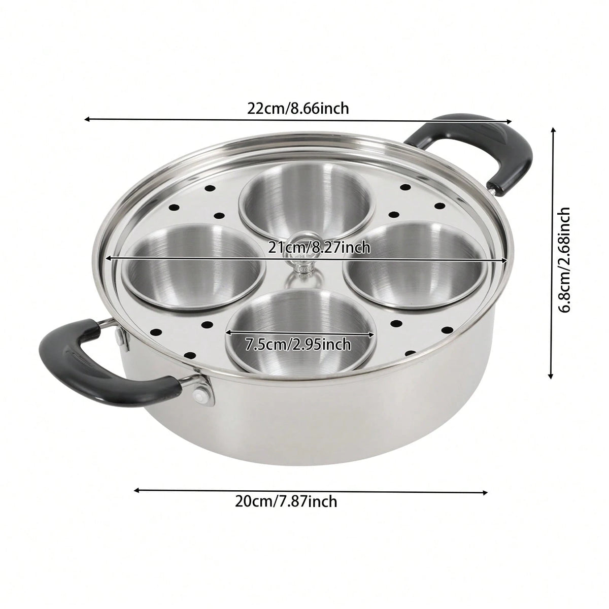 4-Egg Steaming Pot- Stainless Steel, 0.13QT Each Cup, Steamer Tray & Glass Lid, For Gas, Induction, Electric Stove
