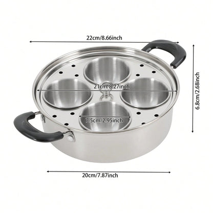 4-Egg Steaming Pot- Stainless Steel, 0.13QT Each Cup, Steamer Tray & Glass Lid, For Gas, Induction, Electric Stove