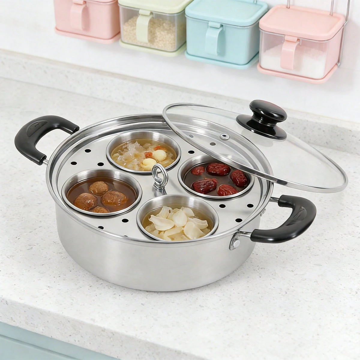 4-Egg Steaming Pot- Stainless Steel, 0.13QT Each Cup, Steamer Tray & Glass Lid, For Gas, Induction, Electric Stove