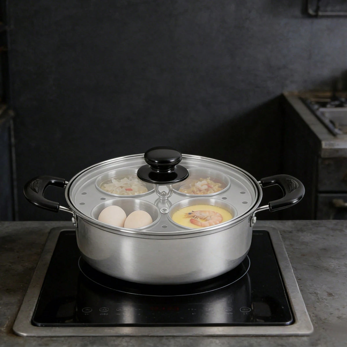 4-Egg Steaming Pot- Stainless Steel, 0.13QT Each Cup, Steamer Tray & Glass Lid, For Gas, Induction, Electric Stove