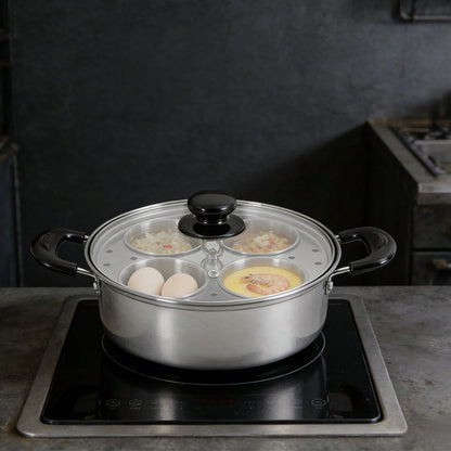 4-Egg Steaming Pot- Stainless Steel, 0.13QT Each Cup, Steamer Tray & Glass Lid, For Gas, Induction, Electric Stove