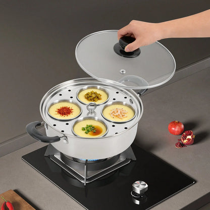 4-Egg Steaming Pot- Stainless Steel, 0.13QT Each Cup, Steamer Tray & Glass Lid, For Gas, Induction, Electric Stove