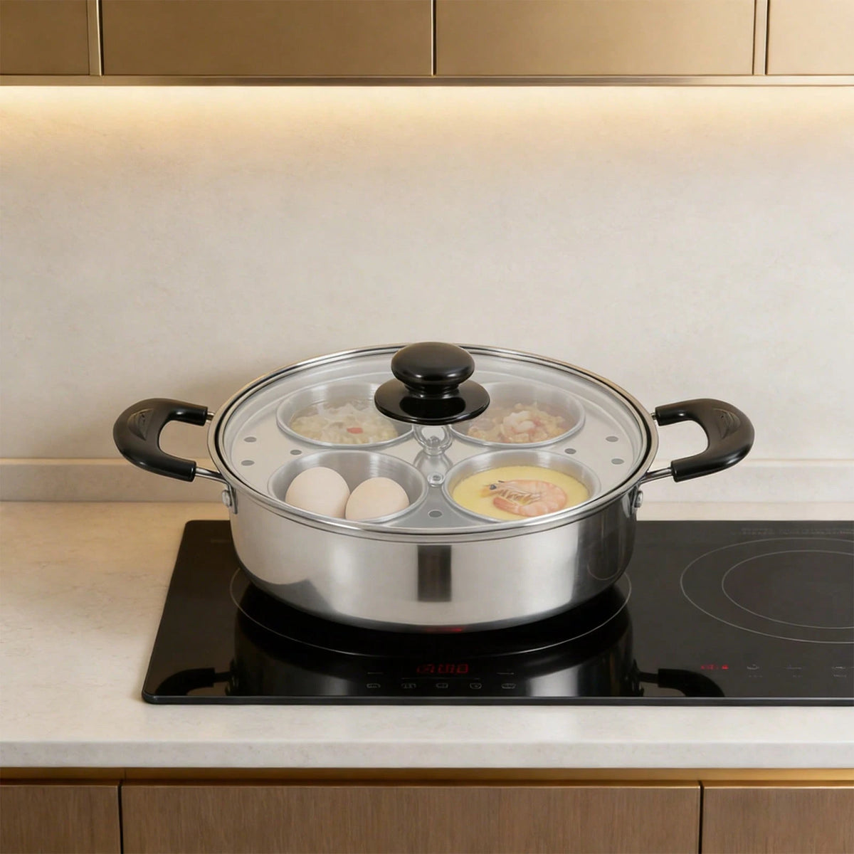 4-Egg Steaming Pot- Stainless Steel, 0.13QT Each Cup, Steamer Tray & Glass Lid, For Gas, Induction, Electric Stove