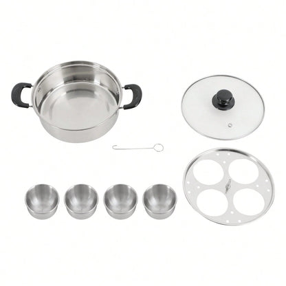 4-Egg Steaming Pot- Stainless Steel, 0.13QT Each Cup, Steamer Tray & Glass Lid, For Gas, Induction, Electric Stove