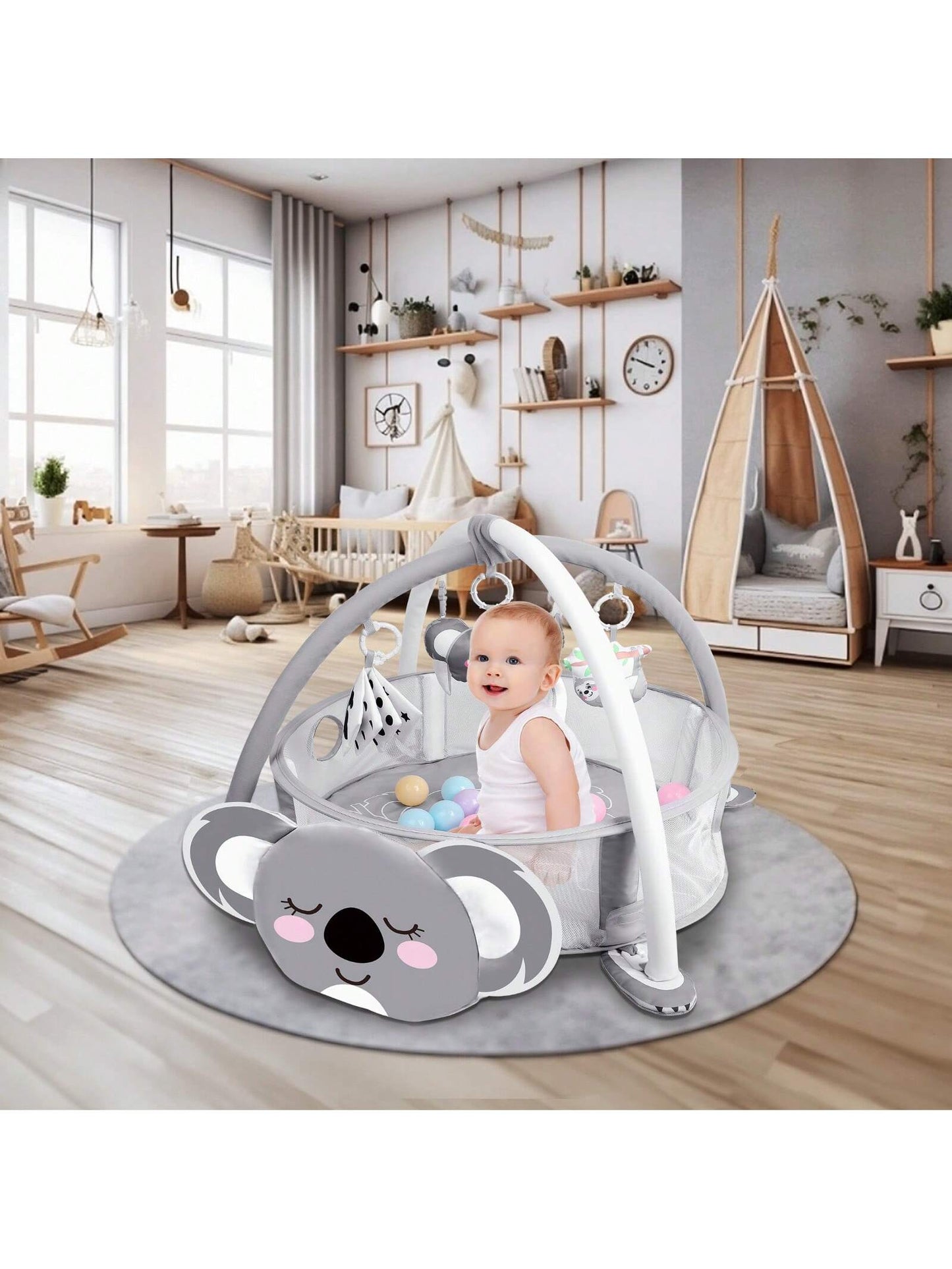 4-In-1 Baby Play Mat Baby Gym,Tummy Time Mat For Floor Activity Gym Ball Pit Including 30 Balls With 5 Infant Learning Sensory Baby Toys For Newborn