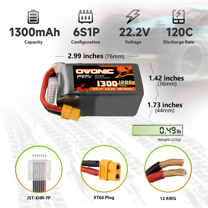 4× Ovonic 1300mAh 6S 22.2V 120C LiPo Battery Pack with XT60 Plug for 5-6 Inch FPV Racing Freestyle