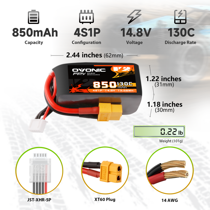 4× OVONIC 14.8V 130C 850mAh 4S LiPo Battery with XT60 Plug for 4S FPV Cinewhoop iFlight Nazgul5 V2 BetaFPV 180X
