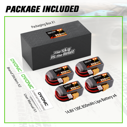 4× OVONIC 14.8V 130C 850mAh 4S LiPo Battery with XT60 Plug for 4S FPV Cinewhoop iFlight Nazgul5 V2 BetaFPV 180X