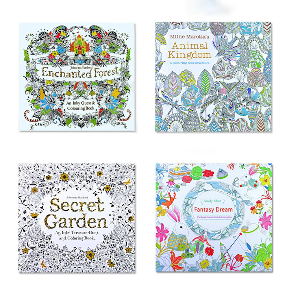 4-Pack Adult Coloring Books Set- Stress Relief Art Therapy Books For Teens & Adults, Includes, Secret Garden, Animal Kingdom, Magic Forest- Creative Illustration Sketch Books