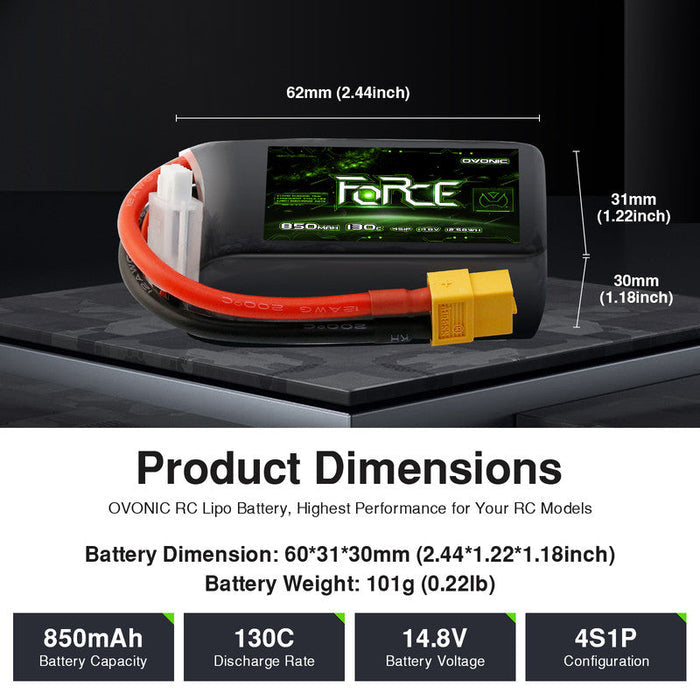 4-Pack Ovonic Force 4S 850mAh 130C 14.8V High C-Rate LiPo Battery w/XT60 Plug for FPV Quad, Freestyle Drone & Micro Jet
