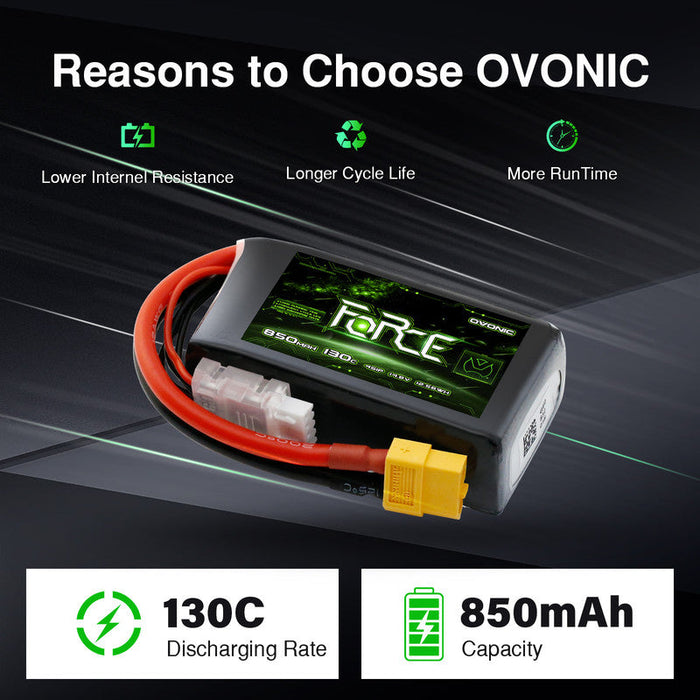 4-Pack Ovonic Force 4S 850mAh 130C 14.8V High C-Rate LiPo Battery w/XT60 Plug for FPV Quad, Freestyle Drone & Micro Jet