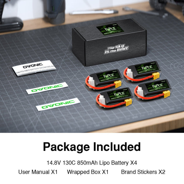 4-Pack Ovonic Force 4S 850mAh 130C 14.8V High C-Rate LiPo Battery w/XT60 Plug for FPV Quad, Freestyle Drone & Micro Jet