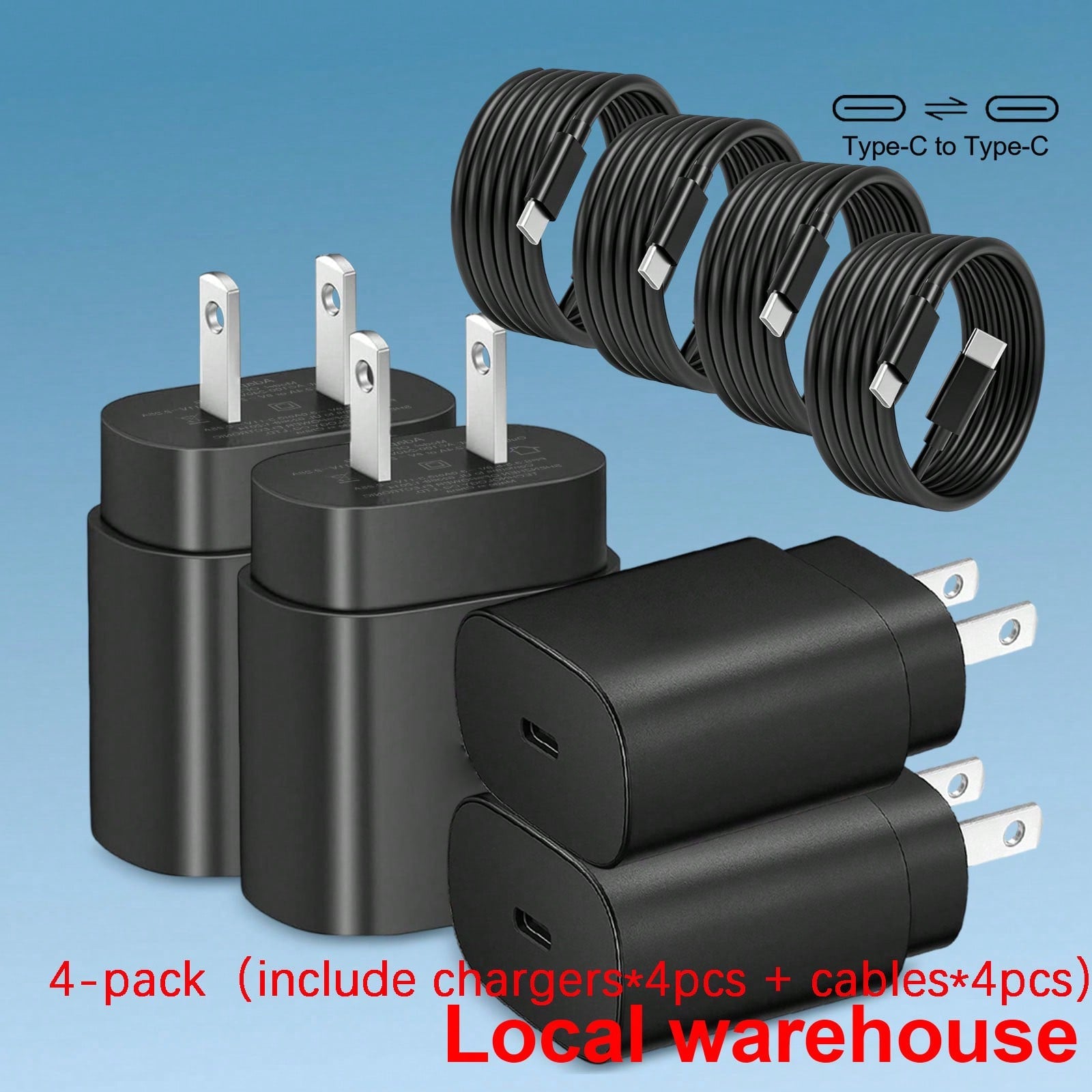 4-Pack Phone Charger Set: USB-C Wall Charger Plug + Type-C To Type-C Cables- Universal Chargers For Phones & Small Electronics| Local Warehouse