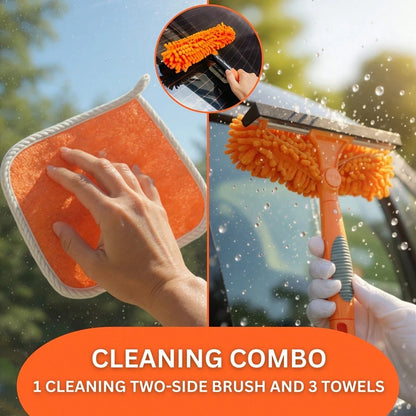 4-Piece Car And Home Cleaning Tool Set, 2-In-1 Double-Sided Brush + 3 Absorbent Towels, No Scratches Or Residue On Glass, Tiles, And Car Body Surfaces, Car Cleaning Supplies And Products, Car Wash Kit