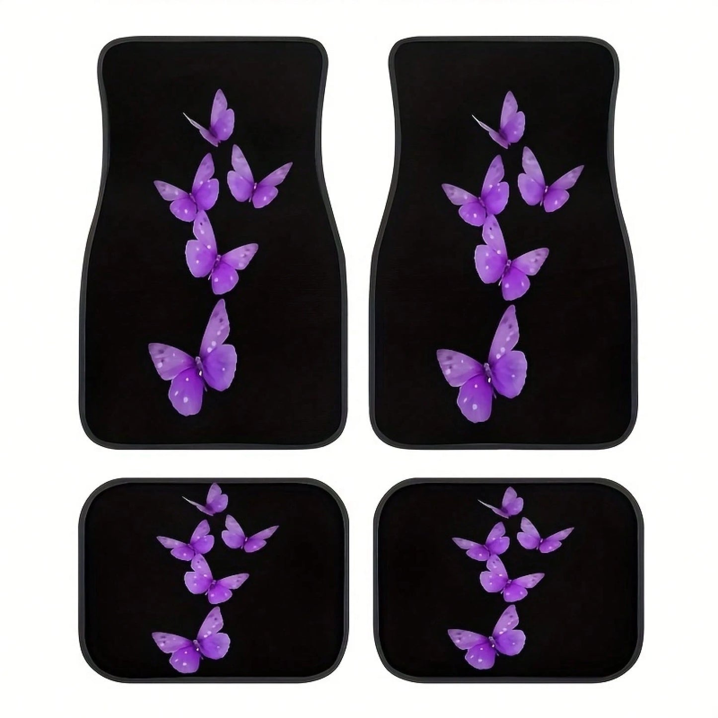 4-Piece Set Of Elegant Butterfly Car Floor Mats For Women, Featuring A Stylish Black And Purple Butterfly Design, Suitable For Sedans, SUVs, And Trucks. Durable And Easy To Clean, They Protect The Veh