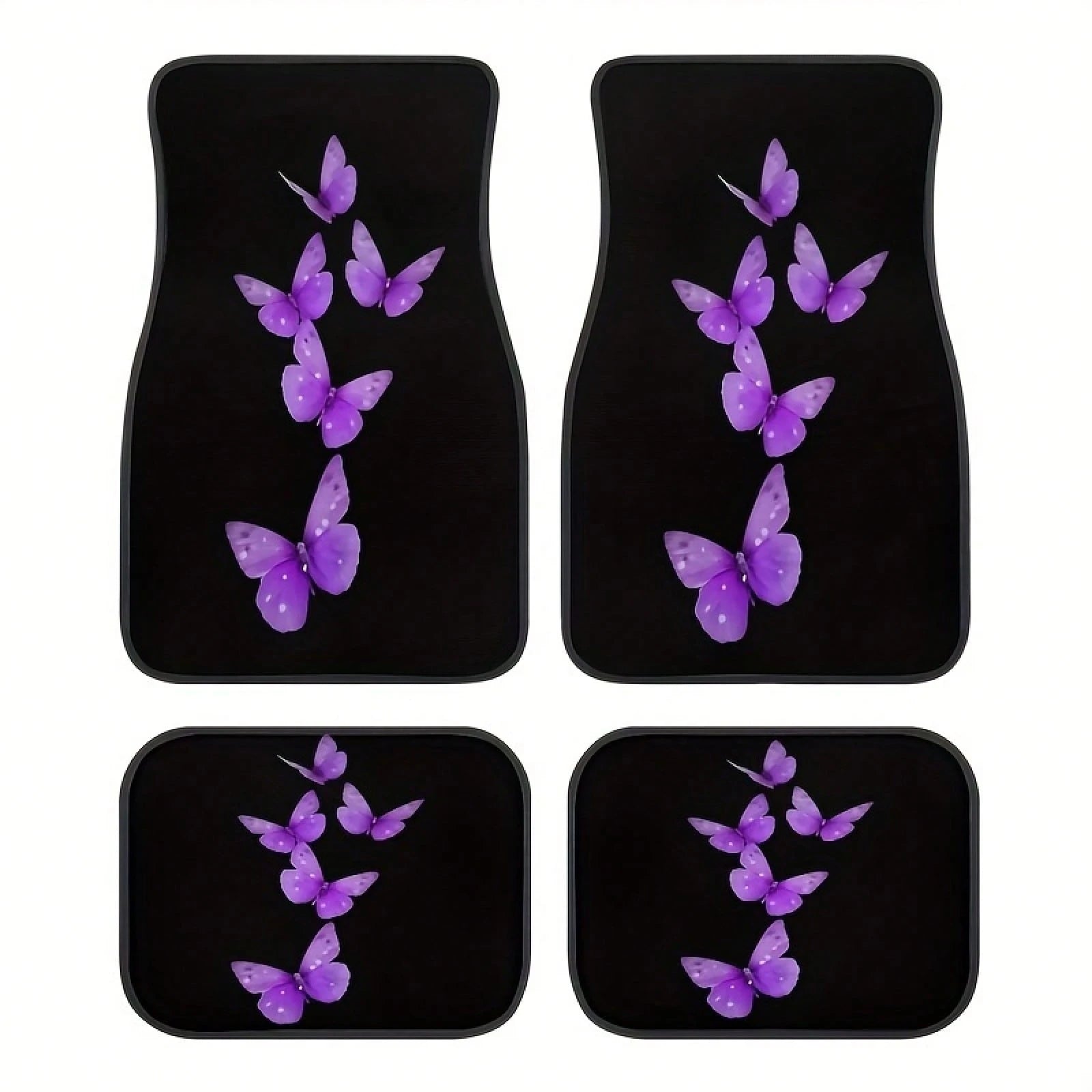 4-Piece Set Of Elegant Butterfly Car Floor Mats For Women, Featuring A Stylish Black And Purple Butterfly Design, Suitable For Sedans, SUVs, And Trucks. Durable And Easy To Clean, They Protect The Veh