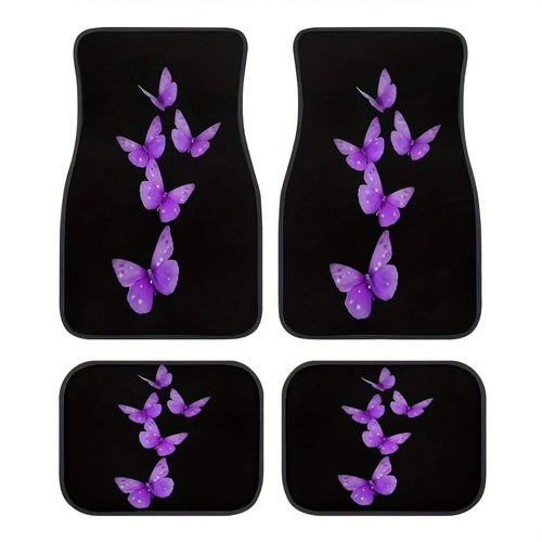 4-Piece Set Of Elegant Butterfly Car Floor Mats For Women, Featuring A Stylish Black And Purple Butterfly Design, Suitable For Sedans, SUVs, And Trucks. Durable And Easy To Clean, They Protect The Veh
