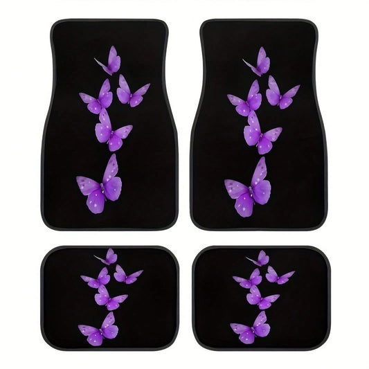 4-Piece Set Of Elegant Butterfly Car Floor Mats For Women, Featuring A Stylish Black And Purple Butterfly Design, Suitable For Sedans, SUVs, And Trucks. Durable And Easy To Clean, They Protect The Veh