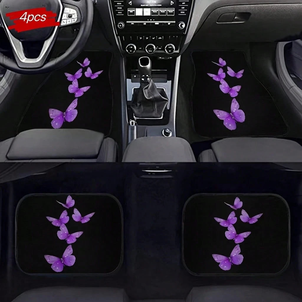 4-Piece Set Of Elegant Butterfly Car Floor Mats For Women, Featuring A Stylish Black And Purple Butterfly Design, Suitable For Sedans, SUVs, And Trucks. Durable And Easy To Clean, They Protect The Veh