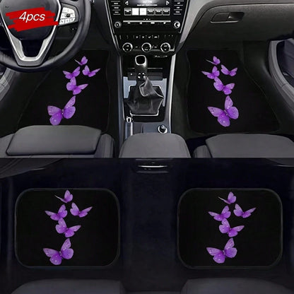 4-Piece Set Of Elegant Butterfly Car Floor Mats For Women, Featuring A Stylish Black And Purple Butterfly Design, Suitable For Sedans, SUVs, And Trucks. Durable And Easy To Clean, They Protect The Veh
