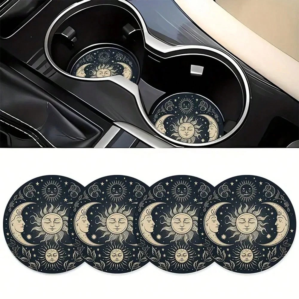 4-Piece Set Of Gold Sun And Moon Patterned Car Cup Holder Coasters, 2.75-Inch Round Anti Slip Decorative Beverage Pads, Suitable For Home And Vehicle Use, Interior Accessories For Men And Women- Idea