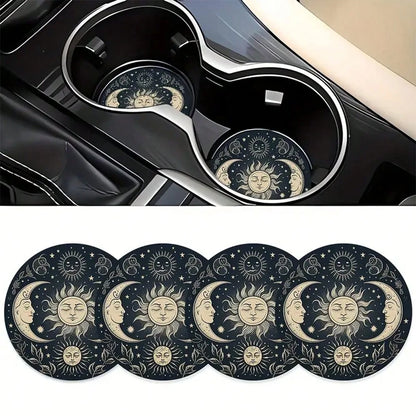 4-Piece Set Of Gold Sun And Moon Patterned Car Cup Holder Coasters, 2.75-Inch Round Anti Slip Decorative Beverage Pads, Suitable For Home And Vehicle Use, Interior Accessories For Men And Women- Idea