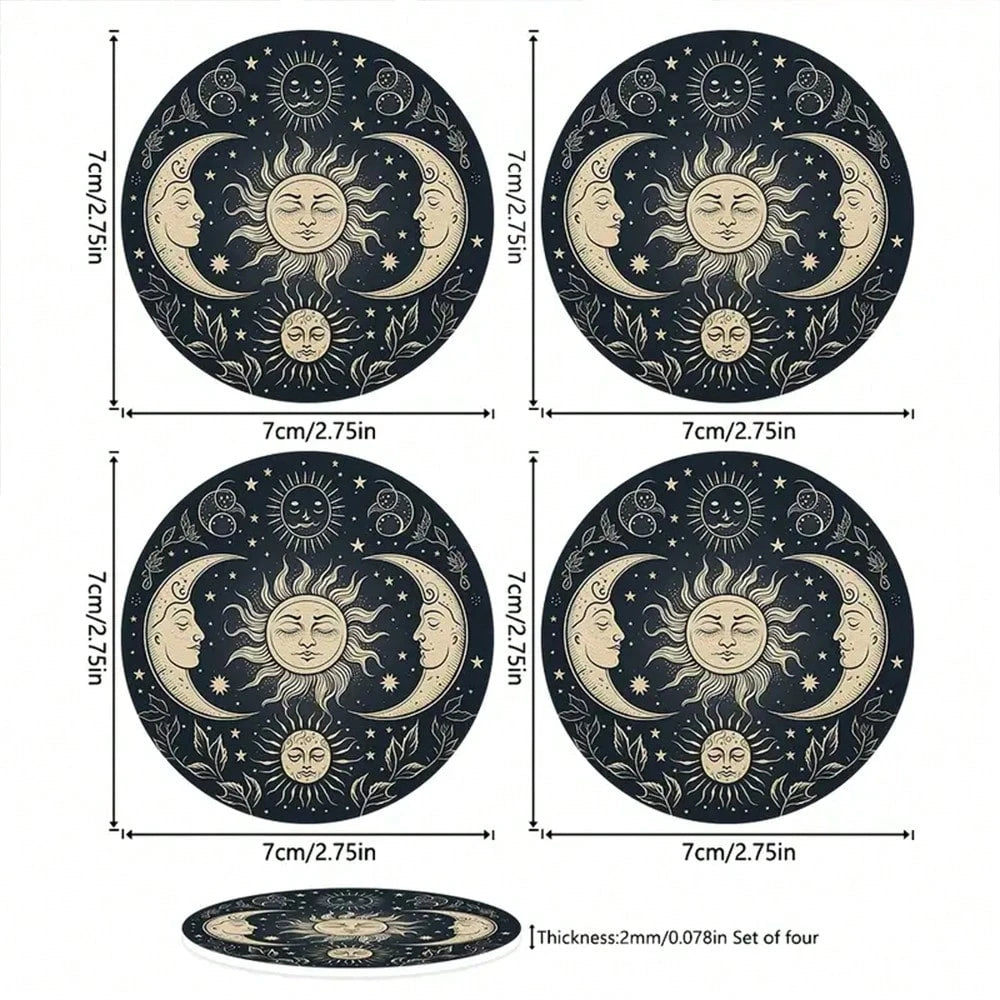 4-Piece Set Of Gold Sun And Moon Patterned Car Cup Holder Coasters, 2.75-Inch Round Anti Slip Decorative Beverage Pads, Suitable For Home And Vehicle Use, Interior Accessories For Men And Women- Idea