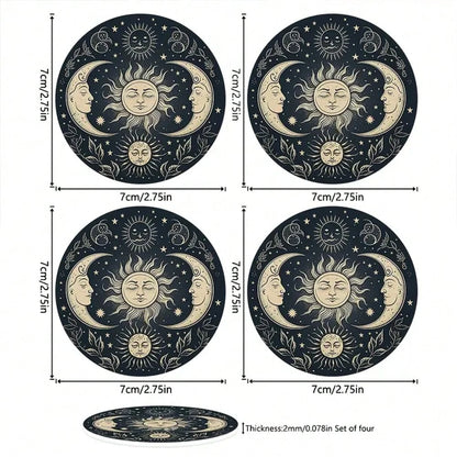 4-Piece Set Of Gold Sun And Moon Patterned Car Cup Holder Coasters, 2.75-Inch Round Anti Slip Decorative Beverage Pads, Suitable For Home And Vehicle Use, Interior Accessories For Men And Women- Idea