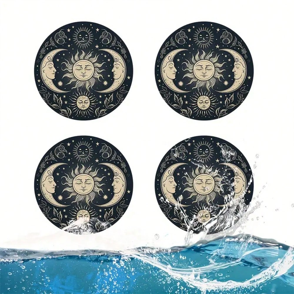 4-Piece Set Of Gold Sun And Moon Patterned Car Cup Holder Coasters, 2.75-Inch Round Anti Slip Decorative Beverage Pads, Suitable For Home And Vehicle Use, Interior Accessories For Men And Women- Idea