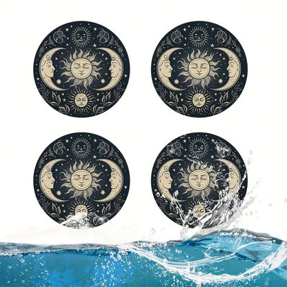 4-Piece Set Of Gold Sun And Moon Patterned Car Cup Holder Coasters, 2.75-Inch Round Anti Slip Decorative Beverage Pads, Suitable For Home And Vehicle Use, Interior Accessories For Men And Women- Idea