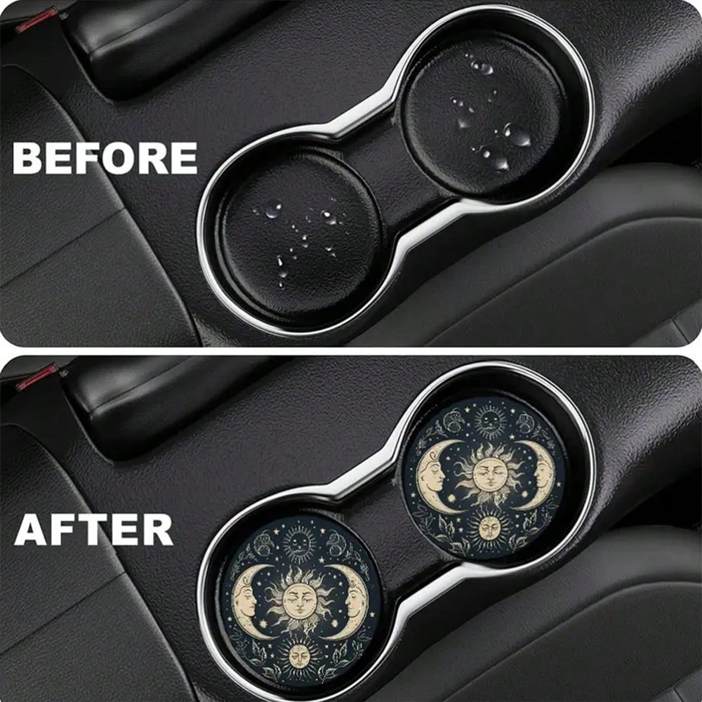 4-Piece Set Of Gold Sun And Moon Patterned Car Cup Holder Coasters, 2.75-Inch Round Anti Slip Decorative Beverage Pads, Suitable For Home And Vehicle Use, Interior Accessories For Men And Women- Idea
