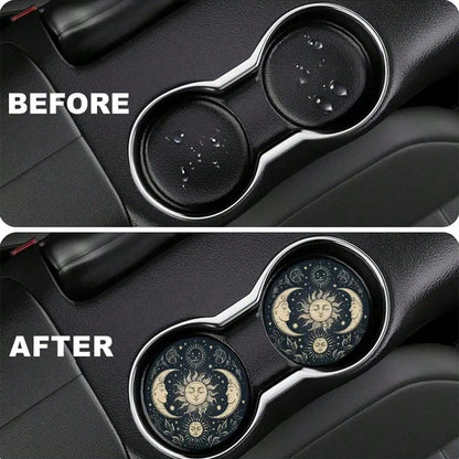 4-Piece Set Of Gold Sun And Moon Patterned Car Cup Holder Coasters, 2.75-Inch Round Anti Slip Decorative Beverage Pads, Suitable For Home And Vehicle Use, Interior Accessories For Men And Women- Idea