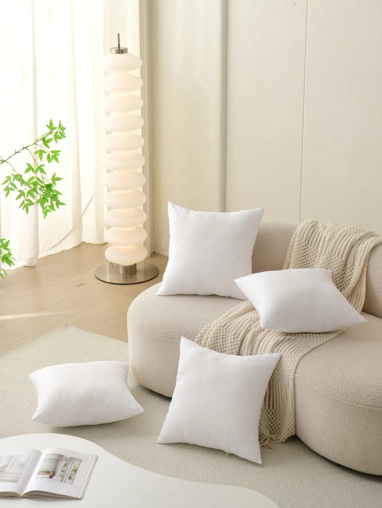 4-Piece Set White Square Stuffed Pillow Inserts, Soft And Fluffy, Hypoallergenic 100% Fiber Pillow Core, Machine Washable, Suitable For Living Room, Bedroom, Sofa, Office, Minimalist And Fashionable H