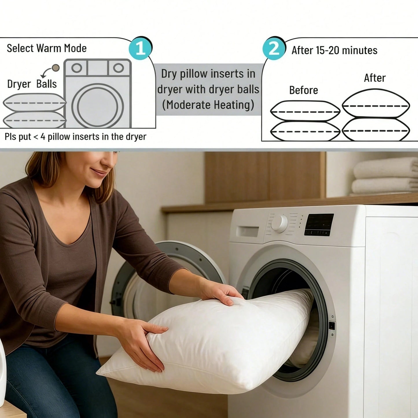 4-Piece Set White Square Stuffed Pillow Inserts, Soft And Fluffy, Hypoallergenic 100% Fiber Pillow Core, Machine Washable, Suitable For Living Room, Bedroom, Sofa, Office, Minimalist And Fashionable H