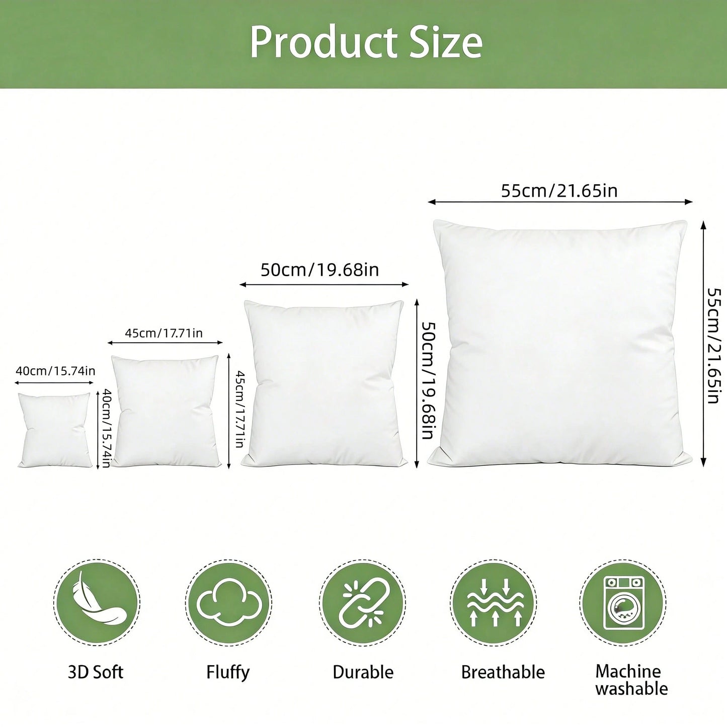 4-Piece Set White Square Stuffed Pillow Inserts, Soft And Fluffy, Hypoallergenic 100% Fiber Pillow Core, Machine Washable, Suitable For Living Room, Bedroom, Sofa, Office, Minimalist And Fashionable H