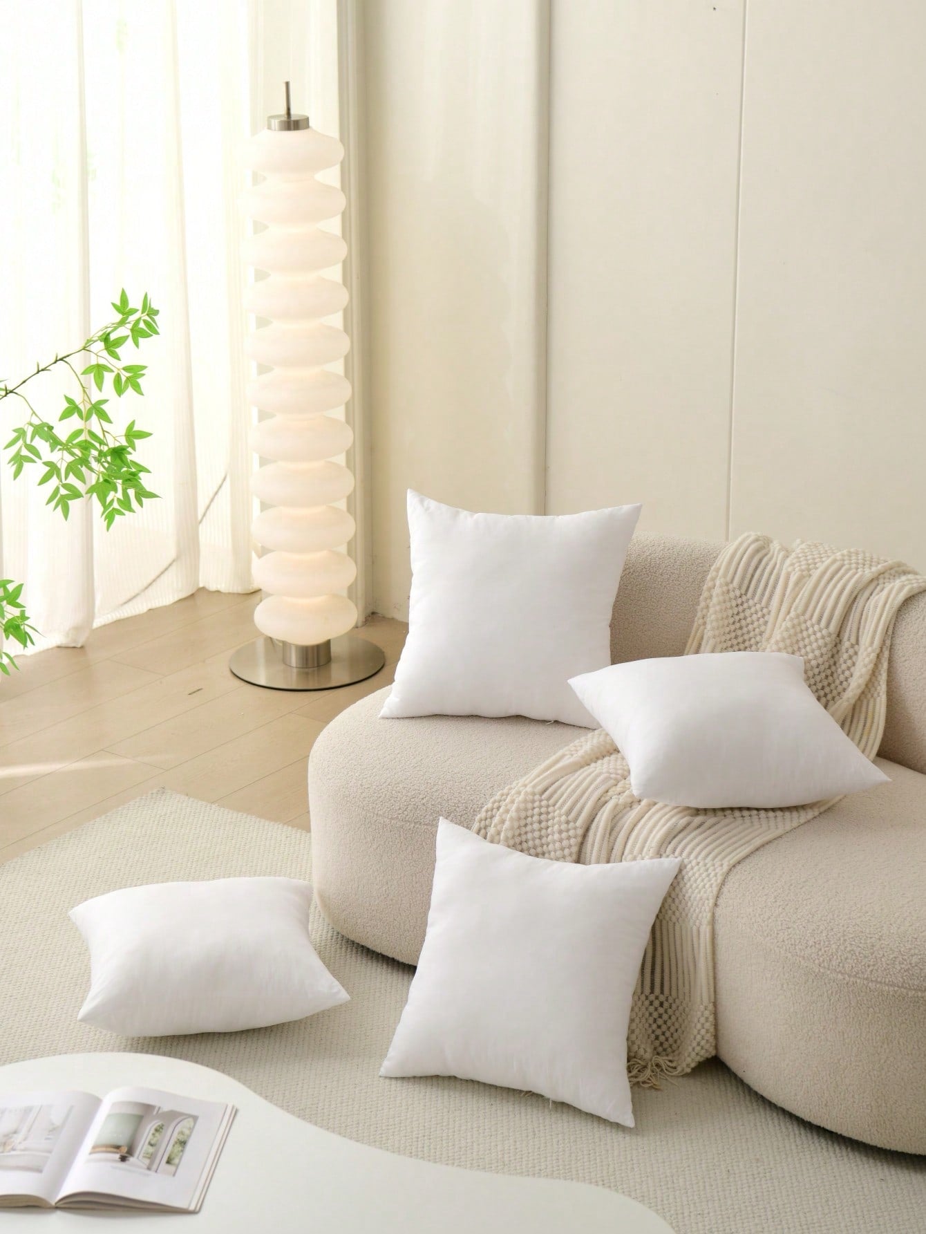 4-Piece Set White Square Stuffed Pillow Inserts, Soft And Fluffy, Hypoallergenic 100% Fiber Pillow Core, Machine Washable, Suitable For Living Room, Bedroom, Sofa, Office, Minimalist And Fashionable H