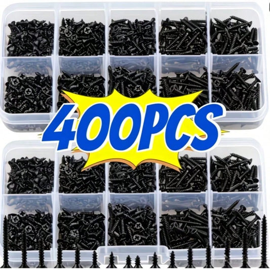 400pcs Black Cross Self-Tapping Screws Mixed Set, Woodworking Screws, Drywall Screws, Gypsum Board Screws, Hardened Self-Tapping Screws, Home Decor Screws