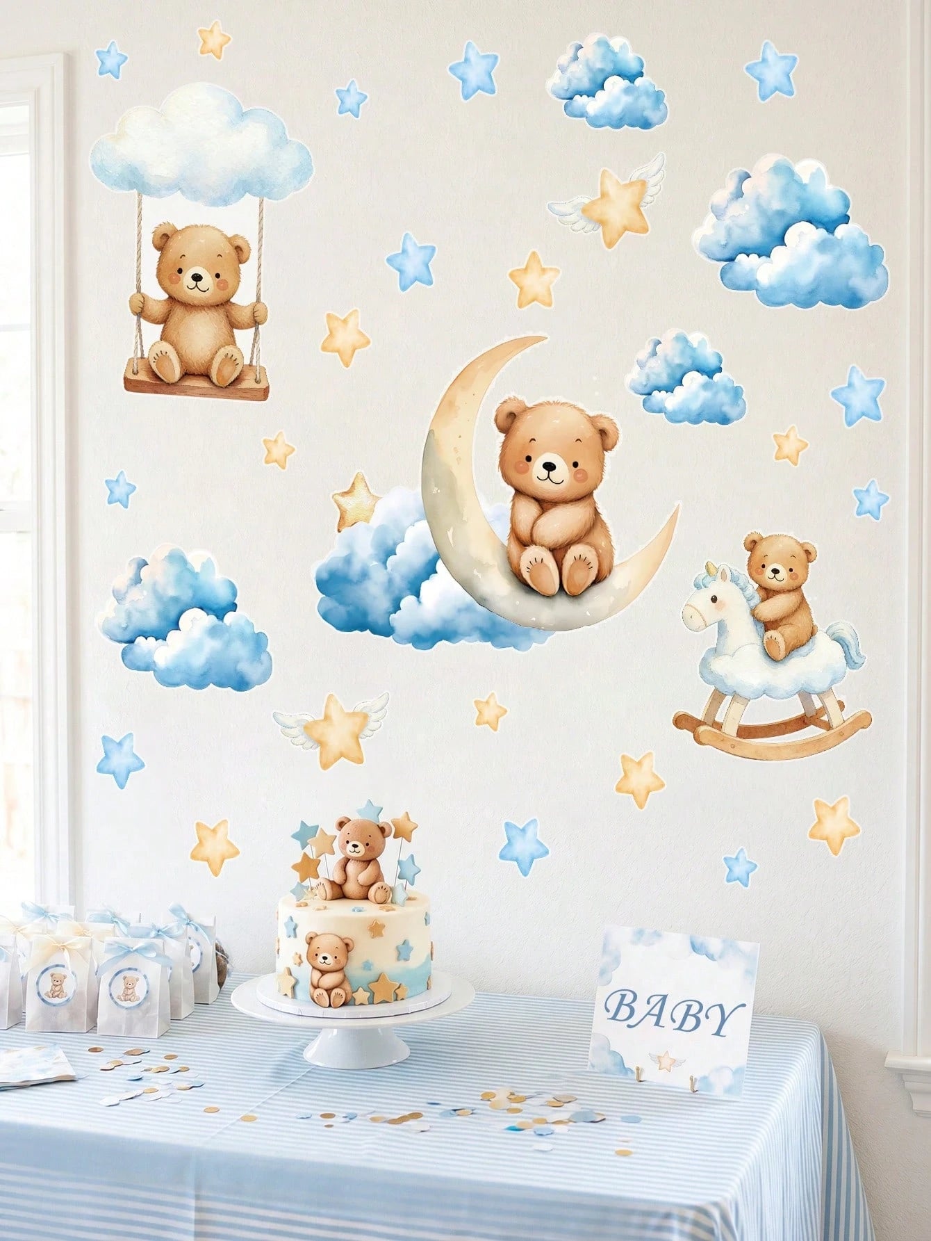 44pcs Blue Cartoon Cute Bear Wall Stickers, Panda Cloud Star Pattern PVC Self-Adhesive Wall Decals, Suitable For Baby Shower Decoration, Gender Reveal Decoration, Children's Room Decoration, 1st Birth