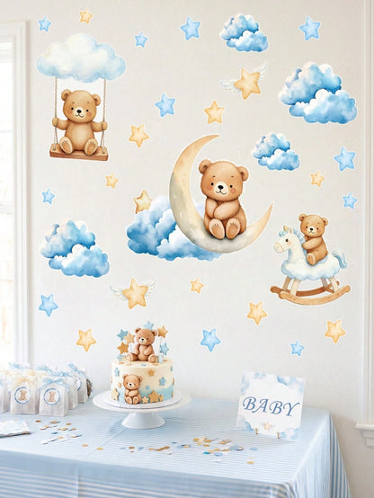 44pcs Blue Cartoon Cute Bear Wall Stickers, Panda Cloud Star Pattern PVC Self-Adhesive Wall Decals, Suitable For Baby Shower Decoration, Gender Reveal Decoration, Children's Room Decoration, 1st Birth