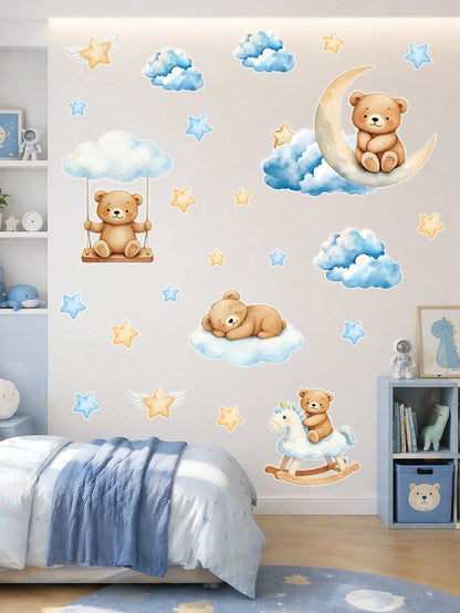 44pcs Blue Cartoon Cute Bear Wall Stickers, Panda Cloud Star Pattern PVC Self-Adhesive Wall Decals, Suitable For Baby Shower Decoration, Gender Reveal Decoration, Children's Room Decoration, 1st Birth