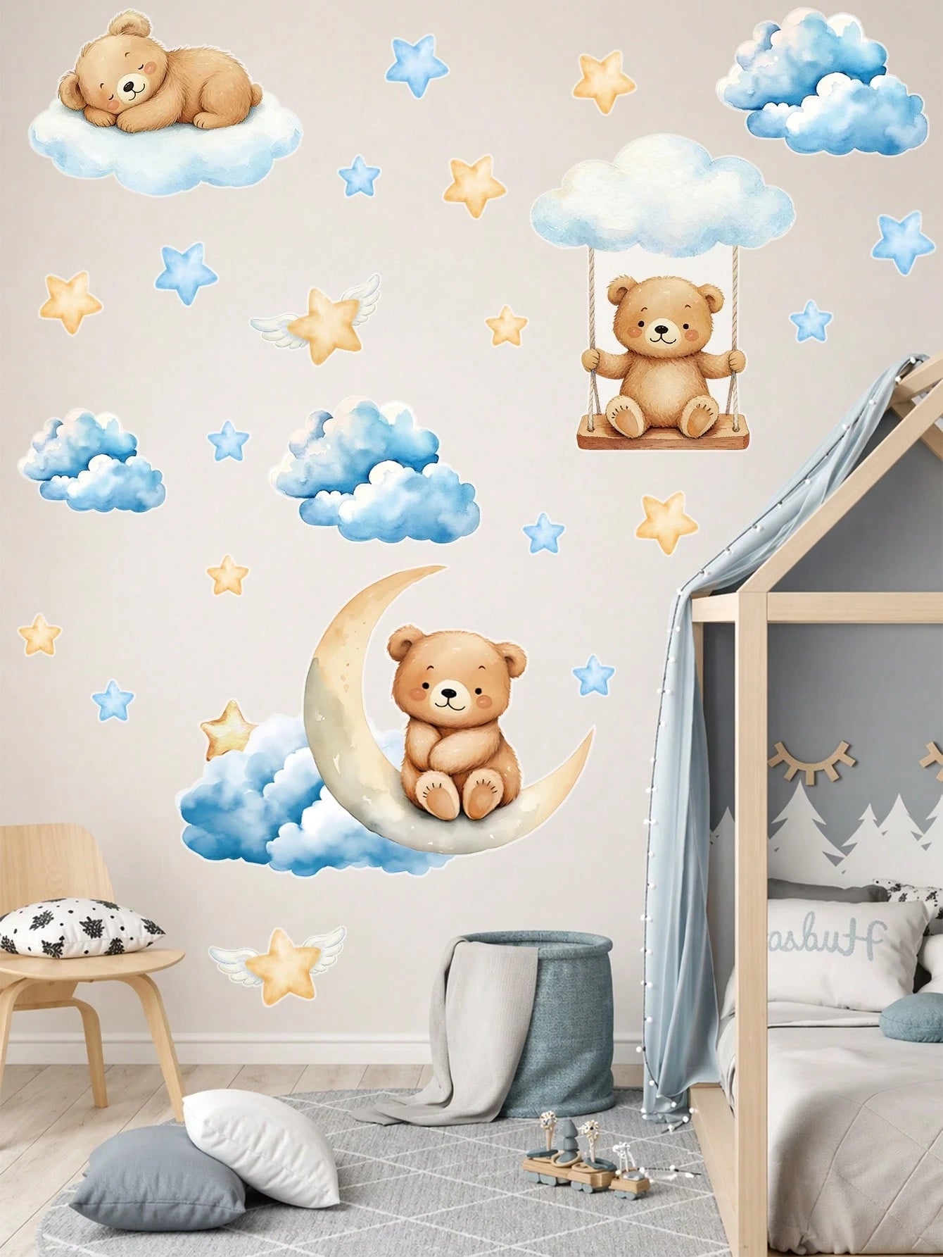 44pcs Blue Cartoon Cute Bear Wall Stickers, Panda Cloud Star Pattern PVC Self-Adhesive Wall Decals, Suitable For Baby Shower Decoration, Gender Reveal Decoration, Children's Room Decoration, 1st Birth