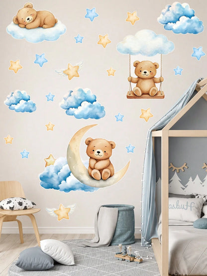 44pcs Blue Cartoon Cute Bear Wall Stickers, Panda Cloud Star Pattern PVC Self-Adhesive Wall Decals, Suitable For Baby Shower Decoration, Gender Reveal Decoration, Children's Room Decoration, 1st Birth