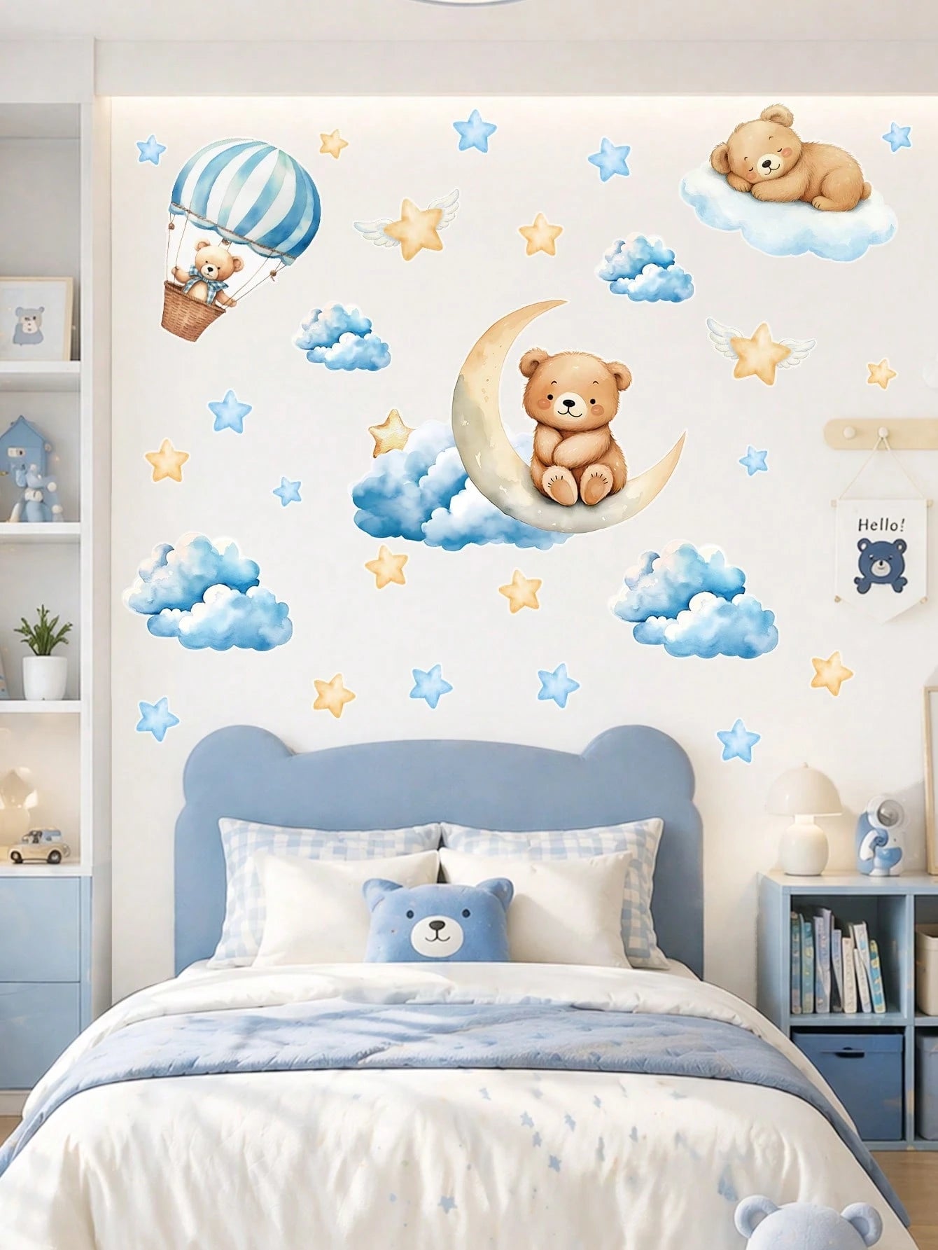 44pcs Blue Cartoon Cute Bear Wall Stickers, Panda Cloud Star Pattern PVC Self-Adhesive Wall Decals, Suitable For Baby Shower Decoration, Gender Reveal Decoration, Children's Room Decoration, 1st Birth